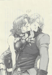 Rule 34 | 1boy, 1girl, absurdres, beryl (devil may cry), black gloves, breasts, closed eyes, coat, confused, curly hair, dante (devil may cry), devil may cry (series), devil may cry 2 (novel), fingerless gloves, gloves, hand on another&#039;s chest, hetero, highres, kiss, kissing cheek, kosumi yuuchi, medium breasts, monochrome, non-web source, official art, raised eyebrow, scan, short hair, simple background, skull belt