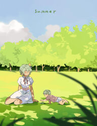 Rule 34 | 2girls, baby, blue sky, bow, closed eyes, cloud, cloudy sky, commentary, dress, english commentary, english text, full body, glasses, grass, green hair, highres, linka (xenoblade), multiple girls, on floor, open mouth, outdoors, pandoria (xenoblade), pink bow, pink shirt, puffy short sleeves, puffy sleeves, shirt, short hair, short sleeves, shorts, sitting, sky, smile, stephanieh81080, summer, tree, turters (xenoblade), turtle, white dress, white shorts, xenoblade chronicles (series), xenoblade chronicles 3