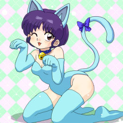 Rule 34 | animal ears, bell, blue hair, brown eyes, cat ears, cat tail, collar, elbow gloves, gloves, neck bell, one eye closed, ranma 1/2, short hair, solo, tail, tendou akane, thighhighs, wanta (futoshi), wink