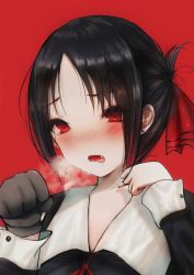 Rule 34 | 1girl, arms up, bad id, bad pixiv id, black dress, black hair, blush, breasts, breath, clenched hands, collarbone, collared dress, dress, drooling, feng yezi, folded ponytail, hair ribbon, twirling hair, hand up, heavy breathing, highres, kaguya-sama wa kokurasetai ~tensai-tachi no renai zunousen~, kemonomimi mode, looking at viewer, neck ribbon, open mouth, parted bangs, paw pose, red background, red eyes, red ribbon, ribbon, saliva, school uniform, shinomiya kaguya, shuuchiin academy school uniform, sidelocks, simple background, small breasts, solo, solo focus