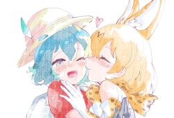 Rule 34 | 2girls, :3, animal ears, backpack, bag, bare shoulders, black hair, blonde hair, blue eyes, blush, bow, bowtie, commentary request, elbow gloves, extra ears, closed eyes, gloves, hat feather, helmet, highres, kaban (kemono friends), kemono friends, kiss, knmttn, multiple girls, one eye closed, pith helmet, print gloves, print neckwear, red shirt, serval (kemono friends), serval print, shirt, short hair, short sleeves, sleeveless, t-shirt, white shirt