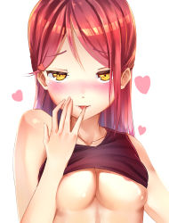 Rule 34 | 1girl, bad id, bad pixiv id, black shirt, blush, breasts, clothes lift, finger to mouth, hachinatsu, hair between eyes, heart, heart hands, highres, licking, licking finger, long hair, looking at viewer, love live!, love live! sunshine!!, medium breasts, red hair, sakurauchi riko, shirt, shirt lift, simple background, sleeveless, sleeveless shirt, solo, tongue, tongue out, upper body, white background, yellow eyes