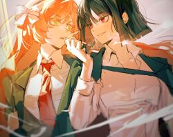 2girls black_hair black_vest bob_cut cigarette collared_shirt green_eyes highres holding holding_cigarette ishmael_(project_moon) limbus_company long_hair multiple_girls necktie orange_hair parted_lips project_moon red_eyes red_necktie ryoshu_(project_moon) shirt short_hair sidelocks smile smoke upper_body very_long_hair vest white_shirt xing_qian96589