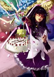 Rule 34 | 10s, 1girl, akemi homura, argyle, argyle clothes, argyle legwear, balloon, birthday, black hair, black pantyhose, blackrabbitsoul, braid, cake, food, glasses, hair ribbon, hairband, highres, long hair, magical girl, mahou shoujo madoka magica, mahou shoujo madoka magica (anime), pantyhose, party favor, pleated skirt, purple eyes, red-framed eyewear, ribbon, skirt, solo, twin braids