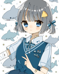 Rule 34 | 1girl, :3, absurdres, bandaged arm, bandages, bandaid, bandaid on arm, bandaid on neck, blue eyes, blue ribbon, blunt bangs, blush, bow, bowtie, breast pocket, brooch, closed mouth, collared shirt, food-themed hair ornament, grey hair, hair ornament, hair ribbon, highres, jewelry, looking at viewer, low twintails, nagihoko, neck ribbon, original, pleated skirt, pocket, ribbon, see-through, see-through sleeves, shark, shirt, shirt tucked in, short hair, short sleeves, short twintails, skirt, sleeveless, sleeveless sweater, smile, solo, sweater, sweater vest, twintails, v