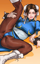 Rule 34 | 1girl, bracelet, brown hair, bun cover, capcom, chinese clothes, chun-li, double bun, gradient background, hair bun, highres, jewelry, pantyhose, solo, spiked bracelet, spikes, street fighter, take (draghignazzo)