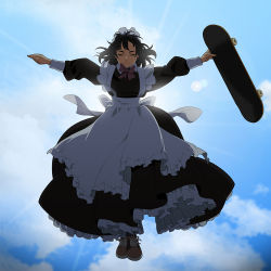 Rule 34 | 1girl, apron, backlighting, black dress, blue sky, bow, bowtie, brown hair, closed eyes, cloud, commentary, day, dress, facing viewer, female focus, frilled dress, frills, full body, holding, holding skateboard, lens flare, long sleeves, maid, maid apron, maid headdress, midair, original, outdoors, pinafore dress, shoes, skateboard, sky, sleeve cuffs, sleeveless dress, sneakers, solo, suzushiro (suzushiro333), t-pose