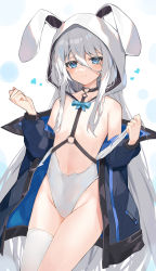 Rule 34 | 1girl, absurdres, animal ears, animal hood, black jacket, blue eyes, blue ribbon, blush, closed mouth, convenient censoring, cowboy shot, fake animal ears, flat chest, grey hair, grey leotard, grey thighhighs, hair censor, heart, highres, hood, hood up, jacket, leotard, long hair, long sleeves, looking at viewer, open clothes, open jacket, original, rabbit ears, rabbit hood, ribbon, simple background, single thighhigh, smile, solo, thighhighs, topless, torn clothes, torn leotard, undressing, very long hair, white background, xiao lin jiu