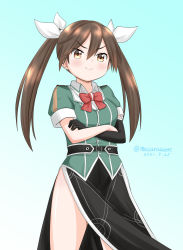 Rule 34 | 1girl, black gloves, blue background, brown hair, commentary request, cowboy shot, crossed arms, dated, elbow gloves, gloves, gradient background, hair between eyes, hair ribbon, kantai collection, long hair, masara (chuujou), military, military uniform, pelvic curtain, ribbon, single elbow glove, solo, tone (kancolle), tone kai ni (kancolle), twintails, twitter username, uniform, white ribbon