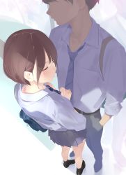 Rule 34 | 1boy, 1girl, ama mitsuki, bag, black legwear, blue neckwear, blush, bob cut, brown hair, closed eyes, closed mouth, collared shirt, commentary request, from above, grey skirt, hand in pocket, loafers, long sleeves, necktie, original, pants, pleated skirt, school bag, school uniform, shirt, shoes, short hair, shoulder bag, skirt, socks, solo focus, standing, white shirt