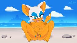 Rule 34 | absurdres, anus, ass, beach, beckoning, breasts, excito, furry, furry female, highres, large areolae, large breasts, nail polish, public indecency, pussy, rouge the bat, sonic (series), spread pussy