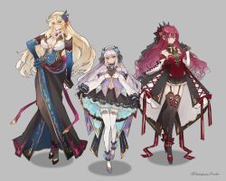 3girls alternate_costume baobhan_sith_(fate) bare_shoulders barghest_(fate) black_dress black_gloves black_thighhighs blonde_hair blue_dress blush breasts cleavage dress fate/grand_order fate_(series) flower frilled_dress frills full_body gloves grey_background grey_eyes hair_flower hair_ornament hand_up headdress highres large_breasts long_hair looking_at_viewer melusine_(fate) multicolored_clothes multicolored_dress multiple_girls nekohanemocha pink_hair pointy_ears red_dress sidelocks thighhighs white_dress white_hair white_thighhighs yellow_eyes