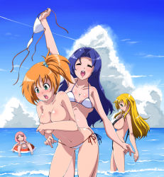 Rule 34 | 4girls, :3, = =, alternate color, alternate costume, assisted exposure, bare shoulders, barefoot, beach, bikini, blonde hair, blue hair, blush, body blush, bow, bra, breast hold, breasts, cameltoe, casual one-piece swimsuit, cleavage, clothes theft, cloud, covered erect nipples, covering breasts, covering privates, creatures (company), daisy (pokemon), day, embarrassed, fat mons, feet, game freak, green eyes, gym leader, hair bobbles, hair bow, hair ornament, hat, highres, huge breasts, innertube, jacket, large breasts, leaning forward, legs, lily (pokemon), long hair, looking back, lowleg, lowleg bikini, micro bikini, misty (pokemon), multiple girls, navel, nintendo, ocean, one-piece swimsuit, open mouth, orange hair, outdoors, panties, partially submerged, pink hair, pokemon, pokemon: the electric tale of pikachu, pokemon (anime), pokemon (classic anime), ponytail, red hair, satsuki imonet, shiny skin, short hair, siblings, side-tie bikini bottom, side ponytail, sideboob, sisters, sky, slingshot swimsuit, smile, swim ring, swimsuit, swimsuit theft, teasing, theft, toes, topless, underboob, underwear, unworn bikini top, violet (pokemon), wading, water, waves, white panties, worried