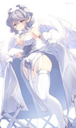Rule 34 | 1girl, absurdres, bare shoulders, breasts, cleavage, commentary request, demon girl, demon horns, demon wings, detached sleeves, dress, duel monster, gloves, grey eyes, grey hair, highres, horns, kanzakietc, large breasts, lovely labrynth of the silver castle, low wings, pointy ears, smile, solo, thighhighs, twintails, twitter username, wings, yu-gi-oh!