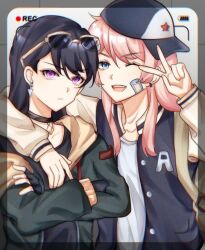 Rule 34 | 2girls, arm around neck, bandaid, bandaid on face, bang dream!, bang dream! it&#039;s mygo!!!!!, baseball cap, battery indicator, black choker, black hair, black hat, blue eyes, chihaya anon, chinese commentary, choker, closed mouth, commentary request, earrings, eyewear on head, fang, hand up, hat, hmxyymyyc, jacket, jewelry, letterman jacket, long hair, long sleeves, multiple girls, one eye closed, open mouth, pink hair, purple eyes, recording, shiina taki, shirt, smile, sunglasses, super blackjack, upper body, v, viewfinder, white shirt