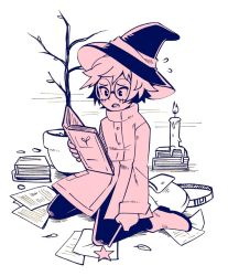 Rule 34 | 1boy, blush, book, boots, candle, eyebrows, full body, glasses, greyscale, hat, holding, holding book, holding wand, looking away, messy hair, monochrome, open book, original, pants, paper, plant, potted plant, round eyewear, short hair, star (symbol), strovi, teeth, trap, upper teeth only, wand, witch hat