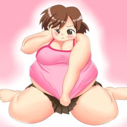 Rule 34 | 1girl, blush, breasts, brown eyes, brown hair, covering privates, embarrassed, fat, kneeling, large breasts, looking at viewer, midriff, miniskirt, no bra, obese, pink background, rokolo, short hair, skirt, solo, tank top, undersized clothes