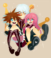 Rule 34 | 1girl, 2boys, brown hair, carrying, happy, kairi (kingdom hearts), kingdom hearts, multiple boys, open mouth, pink hair, princess carry, projecttiger, riku (kingdom hearts), shoes, silver hair, smile, sneakers, sora (kingdom hearts), spiked hair, square enix