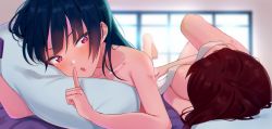 Rule 34 | 10s, 2girls, :o, aftersex, barefoot, blue hair, blush, collarbone, completely nude, day, finger to mouth, hickey, index finger raised, indoors, long hair, looking at viewer, love live!, love live! sunshine!!, lying, multiple girls, nude, hugging object, on back, on stomach, pillow, pillow hug, purple eyes, red hair, sakurauchi riko, sellel, shushing, tsushima yoshiko, under covers, window, yuri