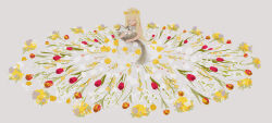 Rule 34 | 1girl, absurdres, animal, bare shoulders, blonde hair, blunt bangs, cat, circle skirt, closed eyes, closed mouth, dress, facing viewer, flower, flower wreath, grey background, happy, head wreath, highres, holding, holding animal, kaname (emanalc), long hair, on floor, original, red flower, rose, sitting, sleeveless, sleeveless dress, smile, tulip, very long hair, white dress, white flower, wide shot, yellow flower, yellow rose