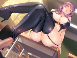 Rule 34 | 1boy, 1girl, black thighhighs, blush, bootjob, boots, breasts, brown eyes, ceiling, censored, chair, chalkboard, classroom, cleavage, desk, dominatrix, earrings, femdom, footjob, game cg, garter straps, heavy breathing, hetero, high heel boots, high heels, jewelry, lamp, large breasts, long hair, looking down, mature female, mochizuki nozomu, mosaic censoring, o-ring, o-ring top, ole-m, parted lips, penis, precum, purple hair, saimin class wonderful, school, school desk, shoejob, sitting, smile, solo focus, table, teacher, thigh boots, thighhighs, watase haruho, window