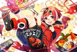 Rule 34 | 1girl, 2021, :d, ahoge, akabeko, artist name, bandaid, bandaid on face, bandaid on nose, bento, blunt bangs, brown eyes, chopsticks, commentary request, cup, finger to mouth, flip-flops, food, food on face, happy new year, hikimayu, holding, holding chopsticks, hood, hood down, hoodie, horns, jin akhr, leg warmers, looking at viewer, lunchbox, multicolored hair, new year, open mouth, original, puffy shorts, red hair, sakazuki, sandals, short eyebrows, short hair, shorts, signature, smile, solo, star (symbol), tassel, teapot, wide sleeves