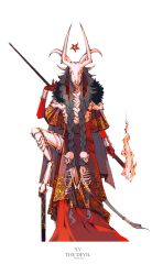 Rule 34 | 1other, absurdres, androgynous, animal skull, armor, bracer, braid, clothing request, colored skin, commentary, english commentary, english text, goat legs, highres, holding, holding torch, leg up, long hair, nezumiayasha, original, pentagram, red skin, robe, simple background, skeleton, tail, tarot, tarot (medium), the devil (tarot), torch, twitter username