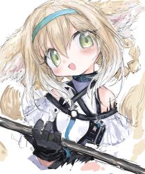 Rule 34 | 1girl, animal ears, arknights, bare shoulders, black collar, black gloves, blonde hair, blue hairband, blush, braid, braided hair rings, clothing cutout, collar, dress, fox ears, fox girl, fox tail, gloves, green eyes, hairband, head tilt, highres, holding, holding staff, infection monitor (arknights), kitsune, kyuubi, material growth, multicolored hair, multiple tails, open mouth, oripathy lesion (arknights), reitoubeef, short hair, shoulder cutout, solo, staff, suzuran (arknights), tail, twin braids, two-tone hair, white dress, white hair
