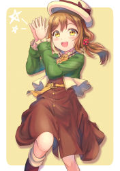 Rule 34 | 1girl, b.ren, belt buckle, boots, bow, brown dress, brown hair, buckle, buttons, clapping, dress, flower (symbol), green shirt, hair ornament, happy, hat, hat bow, highres, kunikida hanamaru, long hair, love live!, love live! sunshine!!, love live! sunshine!! the school idol movie over the rainbow, low ponytail, open mouth, own hands together, ponytail, shirt, smile, solo, star (sky), teeth, upper teeth only, yellow background, yellow eyes