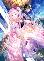 Rule 34 | 1boy, 1girl, arm at side, black eyes, black hair, breasts, building, city, cloud, covered navel, dress, elbow gloves, fuzichoco, gloves, hand on breast, long hair, looking at viewer, open mouth, original, pink eyes, pink hair, see-through, short hair, skin tight, sky, thighhighs, white gloves, white thighhighs