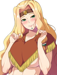 Rule 34 | 1girl, 846-gou, absurdres, blonde hair, blush, breasts, chin piercing, closed mouth, collarbone, fate/grand order, fate (series), green eyes, headband, highres, large breasts, long hair, looking at viewer, parted bangs, poncho, quetzalcoatl (fate), smile, solo, underboob, variant set