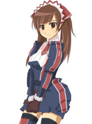 Rule 34 | 00s, 1girl, alicia melchiott, brown eyes, brown hair, female focus, gloves, gyonikuro, long hair, military, military uniform, miniskirt, senjou no valkyria, senjou no valkyria (series), senjou no valkyria 1, simple background, skirt, solo, thighhighs, twintails, uniform, white background