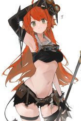 Rule 34 | 1girl, ahoge, arknights, arm up, armpits, binoculars, braid, closed mouth, cow girl, cow horns, cow tail, croissant (arknights), croissant (seeker) (arknights), goggles, goggles around neck, green eyes, highres, holding, holding binoculars, horns, long hair, looking at viewer, mikozin, navel, official alternate costume, orange hair, scarf, short shorts, shorts, side braids, simple background, solo, tail, thigh strap, twin braids, white background
