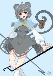 Rule 34 | 1girl, ahoge, animal ears, basket, blue background, blue capelet, capelet, commentary request, commission, dowsing rod, dress, grey dress, grey hair, highres, looking at viewer, mouse (animal), mouse ears, mouse girl, mouse tail, multiple views, nazrin, open mouth, red eyes, short hair, signature, simple background, skeb commission, socks, tail, teeth, touhou, upper teeth only, white socks, yomogi 0001