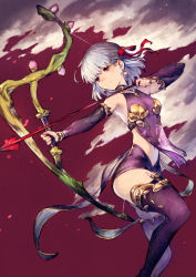 Rule 34 | 1girl, absurdres, aiming, armpits, arrow (projectile), bare shoulders, blush, bow (weapon), breasts, closed mouth, cloud, commentary request, detached sleeves, earrings, fate (series), feet out of frame, hair ribbon, highres, holding, holding bow (weapon), holding weapon, huge filesize, jewelry, kama (fate), kama (first ascension) (fate), kusano shinta, long sleeves, looking to the side, miniskirt, navel, purple background, purple skirt, purple thighhighs, red eyes, red ribbon, ribbon, see-through, see-through silhouette, short hair, silver hair, skirt, small breasts, solo, thighhighs, weapon