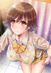 Rule 34 | 10s, 1girl, bad id, bad pixiv id, blush, bow, bowtie, bra, breasts, brown eyes, brown hair, buttons, closed mouth, collared shirt, cowboy shot, curtains, dress shirt, eyebrows, eyelashes, from above, hair between eyes, hand on own thigh, highres, honda mio, idolmaster, idolmaster cinderella girls, indoors, large breasts, leaning forward, looking up, miniskirt, orange eyes, plaid, plaid skirt, sakurada mei, see-through, shirt, short hair, short sleeves, skirt, smile, solo, tile floor, tiles, underwear, wall, water, wet, wet clothes, wet shirt, white shirt, yellow bow, yellow bowtie, yellow bra, yellow skirt