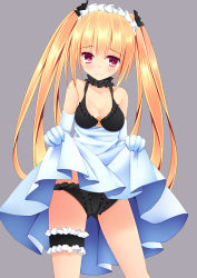 Rule 34 | 1girl, azure (capriccio), bad id, bad pixiv id, blonde hair, blush, bra, breasts, bridal garter, choker, cleavage, clothes lift, clothes pull, dress, dress lift, dress pull, elbow gloves, gloves, lifting own clothes, long hair, looking at viewer, maid headdress, medium breasts, original, panties, red eyes, solo, twintails, underwear