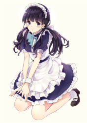 Rule 34 | 1girl, apron, bad id, bad pixiv id, commentary request, dress, grey eyes, kashiwagi chisame, long hair, low twintails, maid, maid apron, maid headdress, original, puffy short sleeves, puffy sleeves, purple dress, purple hair, short sleeves, sitting, solo, twintails, v arms, wariza, wrist cuffs