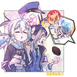 Rule 34 | 3girls, ahoge, angry, antenna hair, armband, black jacket, black neckerchief, blue archive, blue armband, blue hair, blue headwear, blue necktie, blue vest, border, bow, braid, closed eyes, closed mouth, coffee cup, cup, demon, disposable cup, doughnut, eating, fire, food, fubuki (blue archive), grey hair, grey shirt, grey skirt, hair between eyes, hair bow, hair ornament, halo, hand up, hands up, highres, holding, holding cup, holding food, jacket, kirino (blue archive), light blue hair, multicolored hair, multiple girls, neckerchief, necktie, notice lines, outside border, pararilla, parted bangs, pink hair, pink halo, pleated skirt, red eyes, reisa (blue archive), sailor collar, sharp teeth, shirt, skirt, solid eyes, star (symbol), star hair ornament, star halo, streaked hair, sweat, sweatdrop, swept bangs, teeth, twin braids, twintails, upper body, vest, white border, white bow, white hair, white jacket, white shirt
