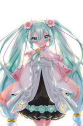 Rule 34 | 1girl, aqua eyes, aqua flower, aqua hair, aqua ribbon, black dress, blush, cape, closed mouth, cowboy shot, dress, flower, hair between eyes, hair flower, hair ornament, hamano yui, hatsune miku, highres, long hair, looking at viewer, magical mirai miku, magical mirai miku (2021), neck ribbon, pink cape, ribbon, short dress, simple background, smile, solo, standing, striped ribbon, twintails, very long hair, vocaloid, white background, white dress, white flower