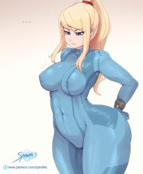 Rule 34 | 1girl, blonde hair, blue eyes, blush, bodysuit, breasts, cameltoe, curvy, covered erect nipples, large breasts, long hair, metroid, mole, mole under mouth, nintendo, parted lips, ponytail, samus aran, skin tight, solo, spindles, thick thighs, thighs, wide hips, zero suit