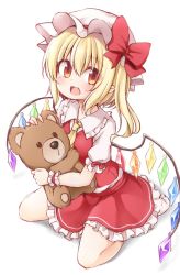 Rule 34 | 1girl, :d, ascot, blonde hair, blush, bow, commentary request, crystal, fang, flandre scarlet, flat chest, frilled shirt collar, frills, from above, full body, hair between eyes, happy, hat, hat bow, highres, holding, holding stuffed toy, looking at viewer, mob cap, one side up, open mouth, petticoat, puffy sleeves, red bow, red eyes, red ribbon, red skirt, red vest, ribbon, short hair, simple background, sitting, skirt, skirt set, smile, socks, solo, stuffed animal, stuffed toy, suwa yasai, teddy bear, touhou, vest, wariza, white background, white footwear, white hat, wings, wrist cuffs, yellow ascot