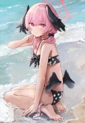 Rule 34 | 1girl, absurdres, ankle ribbon, barefoot, beach, bikini, black bikini, black wings, blue archive, blush, breasts, closed mouth, commentary, day, feathered wings, floral print, front-tie bikini top, front-tie top, gokineko (roachcat), hair between eyes, halo, hand up, head wings, highres, kneeling, koharu (blue archive), koharu (swimsuit) (blue archive), leg ribbon, long hair, looking at viewer, looking back, low twintails, low wings, ocean, official alternate costume, outdoors, pink eyes, pink hair, pink halo, print bikini, ribbon, small breasts, soles, solo, sweat, swimsuit, symbol-only commentary, tattoo, twintails, wet, wings