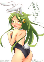 Rule 34 | 1girl, animal ears, ass, contrapposto, crescent, crescent hair ornament, detached collar, embarrassed, from above, green eyes, green hair, hair ornament, kantai collection, leotard, long hair, looking at viewer, looking back, nagatsuki (kancolle), one-hour drawing challenge, playboy bunny, rabbit ears, rabbit tail, ray.s, simple background, solo, tail, wavy hair, white background, wrist cuffs