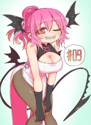 Rule 34 | 1girl, armpit crease, bat wings, bent over, black wings, boots, breasts, chapter number, dress, fangs, fangs out, hands on own knee, head wings, highres, large breasts, one eye closed, pantyhose, pink eyes, pink hair, sumire (yakunitatsu node chi o kudasai), vampire, vietnamese dress, white dress, wings, yakunitatsu node chi o kudasai, zyugoya