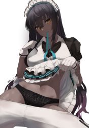Rule 34 | 1girl, absurdres, ahoge, apron, bad id, bad pixiv id, black dress, black hair, black panties, blue archive, blush, breasts, clothes lift, clothes pull, crotch seam, dark-skinned female, dark-skinned male, dark skin, dress, dress lift, female focus, gloves, highres, karin (blue archive), lifting own clothes, long hair, looking at viewer, maid, maid headdress, medium breasts, mouth hold, navel, nvl, orange eyes, panties, pantyhose, pantyhose pull, parted lips, short sleeves, simple background, smile, solo, stomach, sweat, underwear, very dark skin, very long hair, white apron, white background, white gloves, white pantyhose