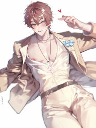 Rule 34 | 1boy, arm rest, belt, blue ribbon, blurry, blush, brown belt, brown hair, cowboy shot, crystal, dated, depth of field, eiden (nu carnival), finger heart, hair between eyes, heart, jacket, jewelry, light smile, looking at viewer, lying, male focus, necklace, nipple slip, nipples, nu carnival, official alternate costume, open clothes, owner bird, ribbon, see-through, shirt, solo, white background, white shirt, yellow eyes