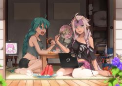 Rule 34 | 2girls, blonde hair, blue eyes, computer, console, controller, eating, flower, food, fruit, game, game console, hatsune miku, ia (vocaloid), laptop, lily (vocaloid), long hair, looking at another, megurine luka, melon, multiple girls, nigiriushi, open mouth, pink hair, remote control, sitting, takoluka, television, twintails, video game, vocaloid, white hair, wii, wiimote