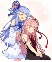 Rule 34 | 2girls, ^ ^, bare arms, bare shoulders, between legs, black dress, blue dress, blue flower, blue hair, blue ribbon, blue rose, blue sleeves, blush, closed eyes, collared dress, comb, commentary request, dress, flower, grin, hair ribbon, hand between legs, highres, holding, holding hair, kotonoha akane, kotonoha aoi, long hair, long sleeves, multiple girls, no detached sleeves, normaland, open mouth, pink hair, red flower, red ribbon, red rose, ribbon, rose, siblings, sisters, sitting, sleeveless, sleeveless dress, sleeves past wrists, smile, standing, very long hair, voiceroid, wide sleeves