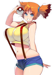 Rule 34 | 1girl, absurdres, alternate breast size, aqua eyes, asymmetrical hair, bare arms, bare legs, bare shoulders, blue eyes, blush, breasts, cowboy shot, creatures (company), curvy, denim, denim shorts, fang, fangs, game freak, gym leader, hair between eyes, highres, holding, holding poke ball, huge breasts, kouno (masao), large breasts, legs, looking at viewer, misty (pokemon), nintendo, open mouth, orange hair, poke ball, pokemon, pokemon (anime), pokemon (classic anime), ponytail, shiny skin, shirt, short hair, short ponytail, short shorts, shorts, side ponytail, sideboob, simple background, sleeveless, sleeveless shirt, smile, solo, suspenders, tank top, teeth, thighs, underwear, wide hips, yellow shirt